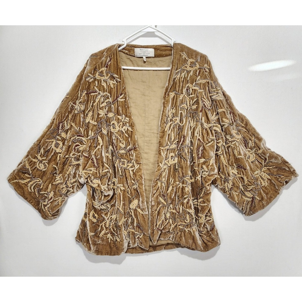 Trafaluc Zara Women's Embellished Beaded Velvet Romantic Tan Open Cardigan M